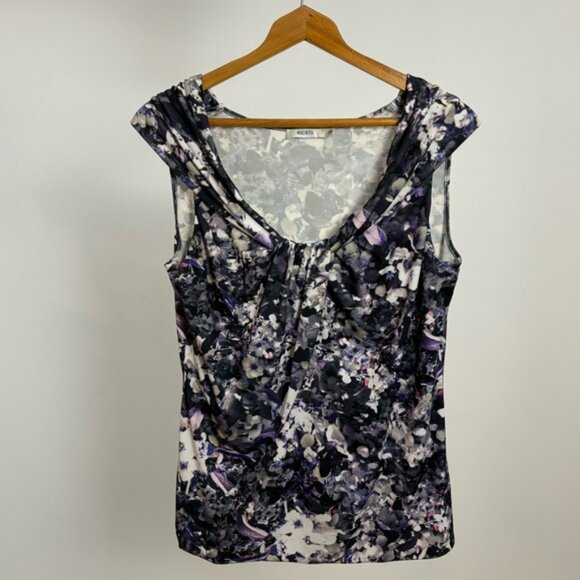 👛 (ANY 2/$20) RICKI’S Cap Sleeve Ruched Purple-White-Pink Floral Top, Medium - Picture 3 of 7